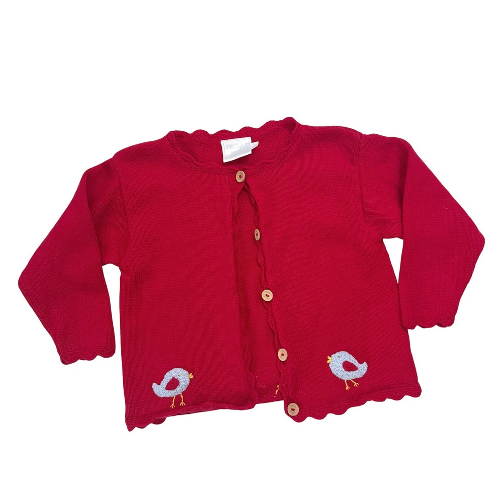 Little English Cardigan Girls 4T Red Scalloped Bird Crochet Knit Sweater